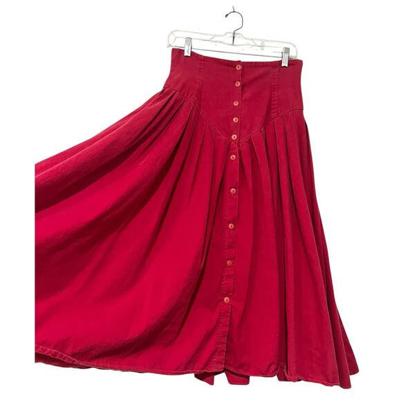 Vintage Flamingo Yoked Skirt Red Full Midi 100% Cotton Buttons W28" - Picture 4 of 5